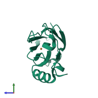 PDB entry 3fs9 coloured by chain, side view.