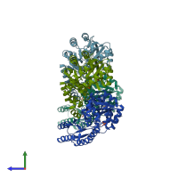 PDB 3ftb coloured by chain and viewed from the side.