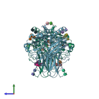 PDB entry 3fu8 coloured by chain, side view.