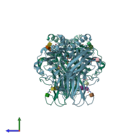 PDB entry 3fu9 coloured by chain, side view.