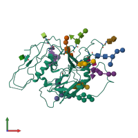 PDB entry 3fus coloured by chain, front view.