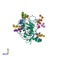 PDB entry 3fus coloured by chain, side view.