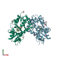 PDB entry 3fv1 coloured by chain, front view.