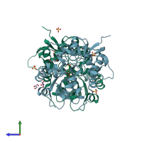 PDB entry 3fv1 coloured by chain, side view.