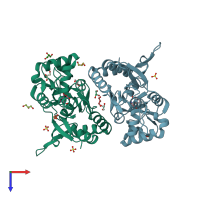 PDB entry 3fv2 coloured by chain, top view.