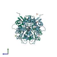 PDB entry 3fvk coloured by chain, side view.