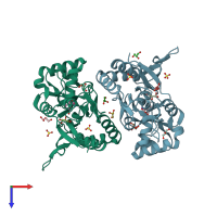 PDB entry 3fvo coloured by chain, top view.