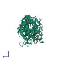 PDB entry 3fvp coloured by chain, side view.