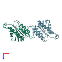 PDB entry 3fvw coloured by chain, top view.