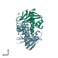 PDB entry 3fwe coloured by chain, side view.