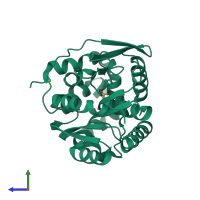 PDB entry 3fwh coloured by chain, side view.
