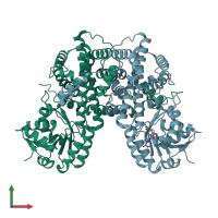 PDB entry 3fwn coloured by chain, front view.