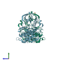 PDB entry 3fwq coloured by chain, side view.