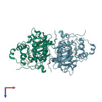 PDB entry 3fwq coloured by chain, top view.