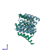 PDB entry 3fwv coloured by chain, side view.