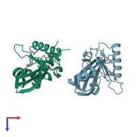 PDB entry 3fwx coloured by chain, top view.
