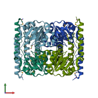 PDB entry 3fxa coloured by chain, front view.