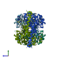 PDB entry 3fxa coloured by chain, side view.