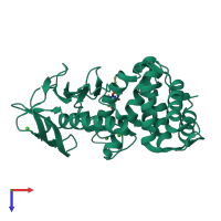 Monomeric assembly 1 of PDB entry 3fxp coloured by chemically distinct molecules, top view.