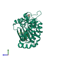 PDB entry 3fxz coloured by chain, side view.