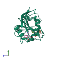 PDB entry 3fy8 coloured by chain, side view.