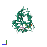 PDB entry 3fy9 coloured by chain, side view.