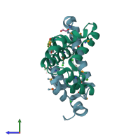PDB entry 3fyb coloured by chain, side view.