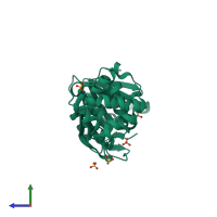 PDB entry 3fyd coloured by chain, side view.