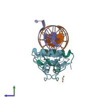 PDB entry 3fyl coloured by chain, side view.