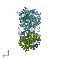 PDB entry 3fyp coloured by chain, side view.