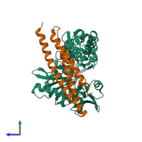 PDB entry 3fzf coloured by chain, side view.