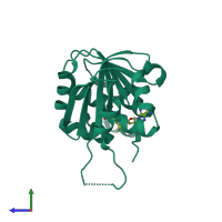 PDB entry 3fzg coloured by chain, side view.