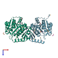 PDB entry 3fzq coloured by chain, top view.