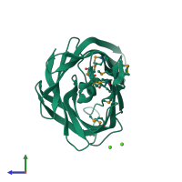 PDB entry 3fzx coloured by chain, side view.