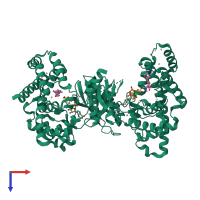 Homo dimeric assembly 1 of PDB entry 3g15 coloured by chemically distinct molecules, top view.