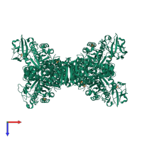 Homo tetrameric assembly 1 of PDB entry 3g2g coloured by chemically distinct molecules, top view.