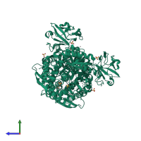 Homo dimeric assembly 3 of PDB entry 3g2g coloured by chemically distinct molecules, side view.