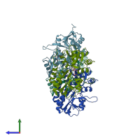 PDB entry 3gba coloured by chain, side view.