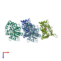 PDB entry 3gba coloured by chain, top view.