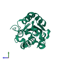 PDB entry 3gbs coloured by chain, side view.