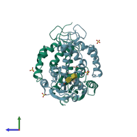 PDB entry 3gc6 coloured by chain, side view.
