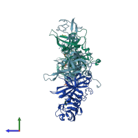 PDB entry 3gdv coloured by chain, side view.