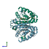 PDB entry 3ge6 coloured by chain, side view.