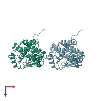 PDB entry 3geq coloured by chain, top view.