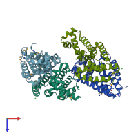 PDB entry 3geu coloured by chain, top view.