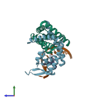 PDB entry 3gfi coloured by chain, side view.