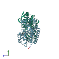 PDB entry 3gfv coloured by chain, side view.