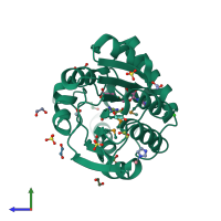 PDB entry 3ggd coloured by chain, side view.
