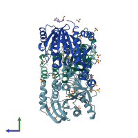 PDB entry 3ggs coloured by chain, side view.
