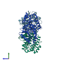 PDB entry 3gkb coloured by chain, side view.